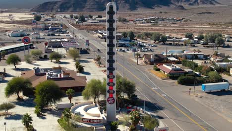 Aerial-View-of-World's-Tallest-Thermometer,-Landmark-in-Baker,-California-USA