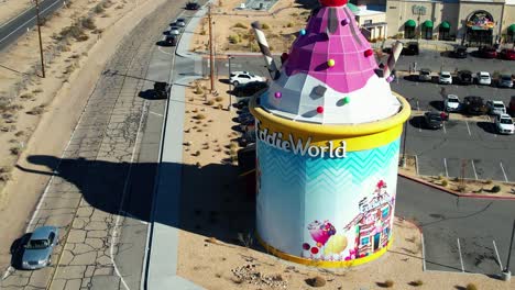 EddieWorld-the-largest-gas-station-in-Yermo-California,-aerial-drone-flying-to-structure-in-Mojave
