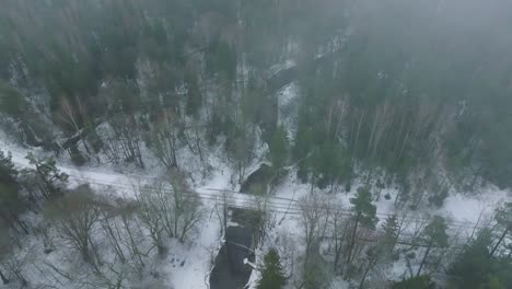 Aerial-establishing-view-of-Nordic-woodland-forest-covered-with-light-snow-and-a-dark-river-,-overcast-winter-day,-low-clouds,-relaxing-view,-drone-shot-moving-backward