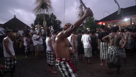 Hombre-Balinés-Celebra-Galungan-Kuningan,-Caminando-Por-La-Calle-Sosteniendo-Un-Cuchillo-Grande