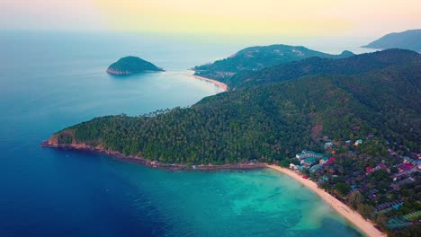 Koh-Ma-Push-In-of-Mae-Haad-Beach-Aerial-Drone-View-Tropical-Island-Destination-North-Koh-Phangan-Island-Gulf-of-Thailand