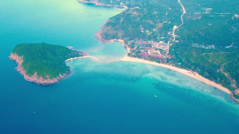Drone-Flying-to-Mae-Haad-Beach-Aerial-Koh-Ma-Drone-View-Tropical-Island-Destination-North-Koh-Phangan-Island-Gulf-of-Thailand