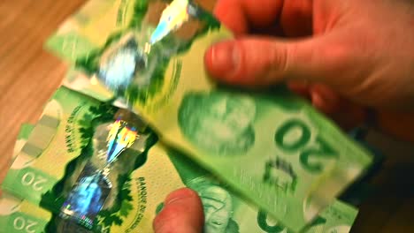 White-man's-hands-expertly-thumbing-through-stacks-of-Canadian-20-dollar-bills,-Close-focus-shot