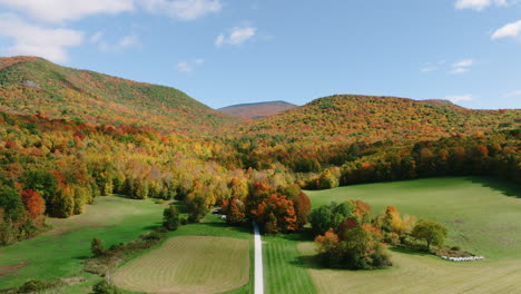 Aerial-drone:-a-lone-road-leads-through-Vermont-mountains-during-peak-fall-foliage