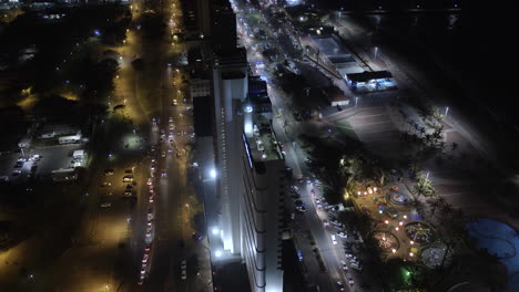 Aerial-drone-of-the-southern-sun-hotel-on-Durban-beachfront-at-night