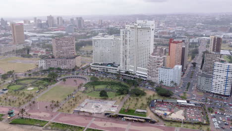 Aerial-drone-shot-of-the-Southern-Sun-hotel-on-Durban's-Beachfront-in-South-Africa