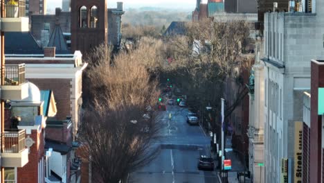 Long-aerial-rising-shot-of-downtown-city-in-America