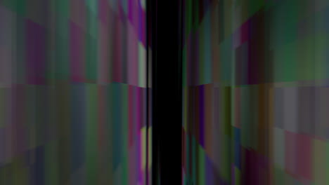 Moving-forward-across-narrow-corridor-between-multicolored-pixels-walls-toward-black-background