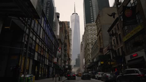 NYC-Freedom-Tower-from-street-level-in-the-financial-district-of-NYC