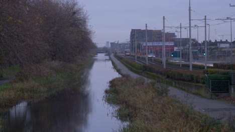 Motion-Timelapse-Of-Busy-Inchicore-Junction-Along-Grand-Canal-In-Dublin,-Ireland