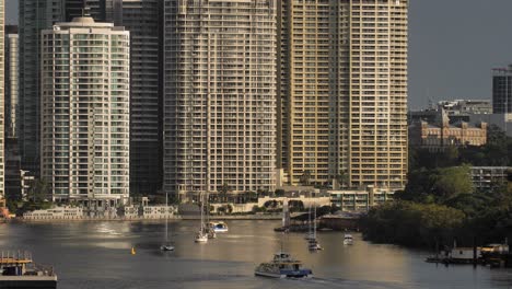 Rivercat-on-Brisbane-River-with-apartments-in-the-background,-Brisbane-City,-Queensland,-Australia