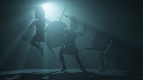 Statues-of-Ancient-Greek-warriors-in-fight-positions,-charging-in-battle,-inside-a-dark-space,-with-volumetric-light-behind-them-and-dust-particles,-3D-animation-camera-zoom-slowly