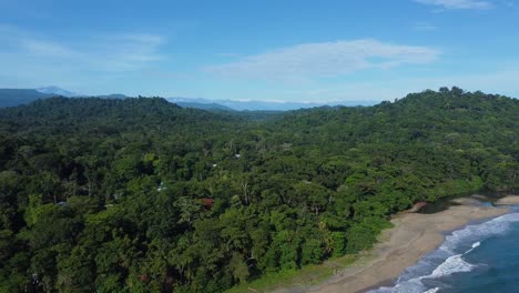 PUERTO-VIEJO,-COSTA-RICA---January-18,-2023:-aerial-drone-shot-of-the-lush-forest,-the-beach-and-the-sea-near-the-town