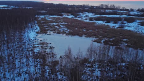 Winter-landscape-with-small-frozen-pond,-aerial-view-during-sunset