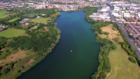 Aerial-view-of-Brent-reservoir,-Welsh-Harp-lake,-Neasden,-London,-UK