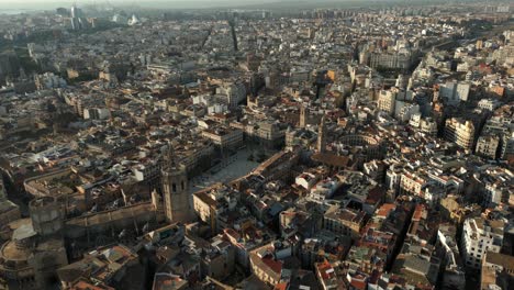 Valencia-Spain,-Wide-Aerial-Panoramic-view-of-Historic-old-Town,-Sunny-Morning