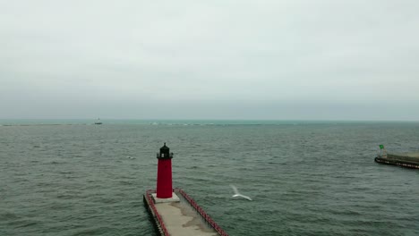 bird-flying-on-top-of-Milwaukee-Pierhead-Lighthouse-on-a-windy-and-rainy-day