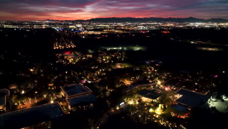 Vibrant-Sunset-Drone-At-Desert-Botanical-Garden,-Las-Noches-De-Las-Luminarias