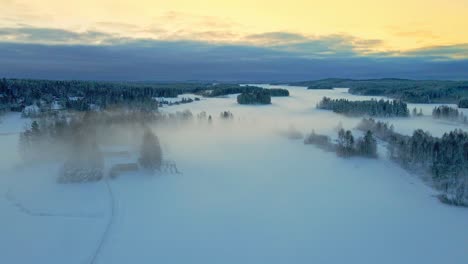 Aerial-view-of-misty,-snowy-fields-and-forest-and-a-car-driving-on-a-road-in-in-winter