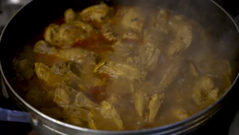Steam-Rising-From-Bubbling-Chicken-Curry-In-Pan