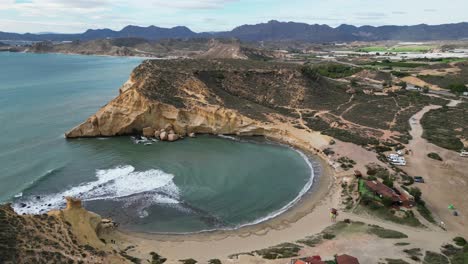 Golden-Bay-and-Sandy-Beach-in-Aguilas,-Andalusia,-Spain---Aerial-4k