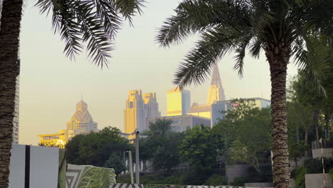 El-Horizonte-De-Los-Rascacielos-De-Dubái-Se-Ve-Entre-Algunas-Palmeras-Al-Atardecer-Con-Una-Hermosa-Luz-Dorada-Proyectada-Sobre-La-Ciudad