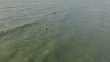 Establecimiento-De-Una-Vista-Aérea-De-Un-Grupo-De-Personas-Dedicadas-Al-Kitesurf,-Día-De-Invierno-Nublado,-Olas-Altas,-Deporte-Extremo,-Playa-De-Karosta-Del-Mar-Báltico,-Tiro-De-Drones-De-Ojo-De-Pájaro-Avanzando