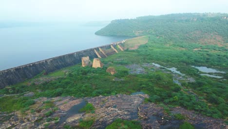 Aerial-drone-shot-of-a-Irrigation-dam-in-Gwalior-,-India