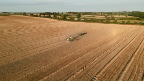 Drohnenaufnahme-Von-Claas-Mähdrescher-Und--Traktor-Mit-Anhänger,-Die-Zur-Goldenen-Stunde-Des-Sonnenuntergangs-In-Yorkshire,-Großbritannien,-Arbeiten