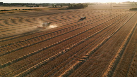 Establecimiento-De-Una-Toma-Cinematográfica-Con-Drones-De-Una-Cosechadora-Claas-Y-Un-Tractor-Con-Remolque-Hacia-El-Sol-Cosechando-Con-Mucho-Polvo