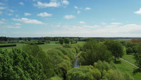 Aerial-descent-towards-beautiful-green-trees-on-banks-of-Selwyn-River-in-summertime---Coes-Ford-Recreation-Area