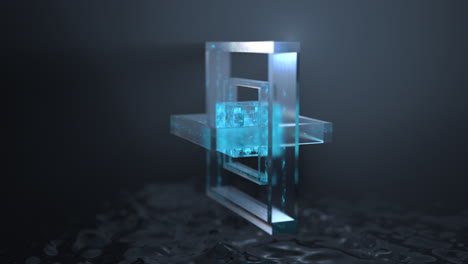 Blue-glowing-iced-crystal-glass-cube-with-elements-rotating-around-it-is-rising-out-of-dark-and-shiny-water