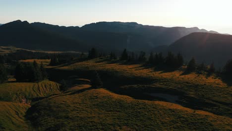 Flying-over-a-green-field-at-sunset-in-the-Alps