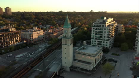 Toronto-LCBO-Clocktower-Drone-Clip---Push-In-with-Train-in-background