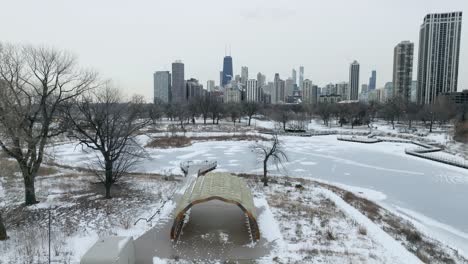 Aerial-view-of-the-Honeycomb-Education-Pavilion-in-Lincoln-Park-Zoo,-winter-day-in-Chicago,-USA