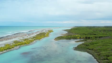 Aerial-climb-above-beautiful-turquoise-colored-Rakaia-Lagoon---wild-flowers,-driftwood,-green-vegetation-and-South-Pacific-Ocean