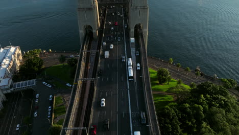 Aerial-Drone-View-Of-Cars-Traveling-Across-The-Famous-Sydney-Harbour-Bridge-In-Sydney-NSW,-Australia