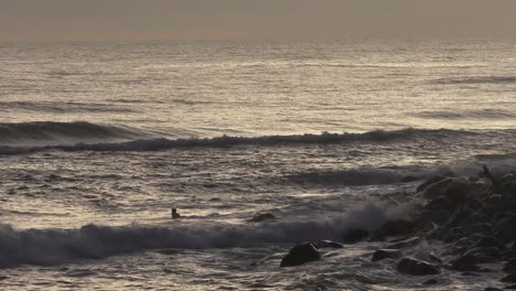 Surfer-Entering-Water-During-Sunrise,-Static-Shot