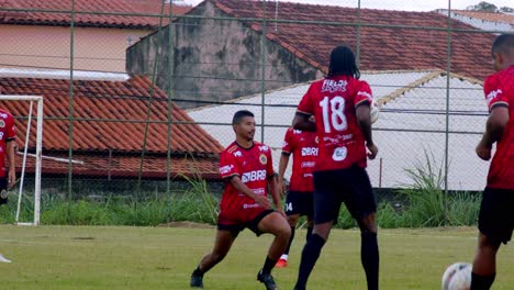 Professional-football-players'-practice-session-with-a-soccer-ball---slow-motion