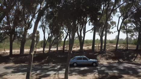 Drone-shot-tracking-next-to-blue-car-as-it-drives-down-road-with-trees-in-the-foreground