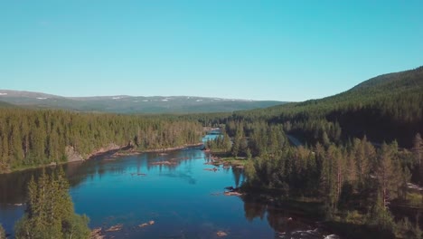 Crane-up-drone-shot-over-a-river-in-a-large-forest-in-mid-Norway