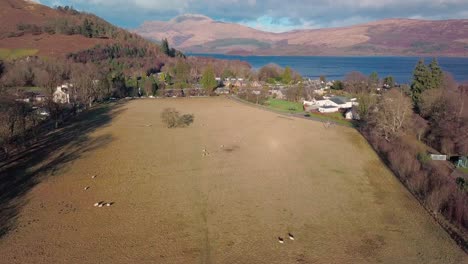 Drone-forward-shot-over-a-farm-in-Luss-in-the-Highlands-of-Scotland-and-in-the-background-Loch-Lomond-during-golden-hour