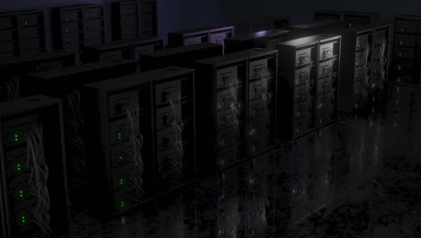 Dark-room-with-servers-blinking-and-cables,-Crane-shot-CGI-render