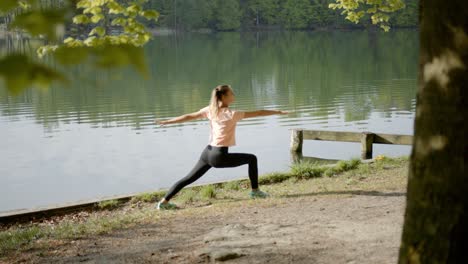 Frau-Macht-Yoga-Posen-Neben-Dem-See-Am-Wald-An-Einem-Sonnigen-Tag