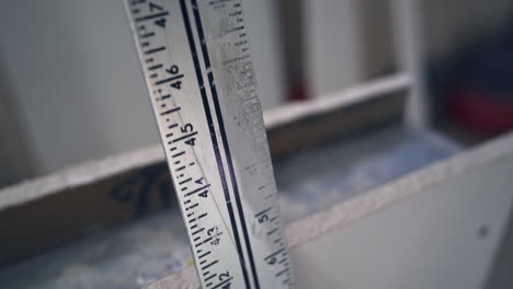 Tracking-shot-of-long,-worn-metal-ruler-leaning-on-drywall-in-slow-motion