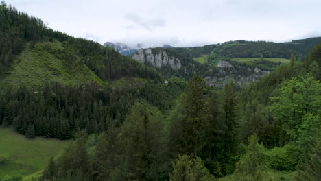 Aerial-Drone-Shot-of-Mountains-and-Forest-on-a-cloudy-Day,-4k-UHD,-Semmering,-Austria