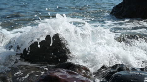 Wellen,-Die-An-Einem-Strand-Auf-Felsen-Treffen-Und-Eine-Spritzerform-Bilden
