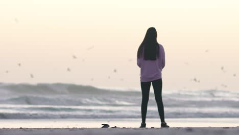 Wide-shot-of-women-standing-on-a-beach-watching-seagulls-fly-around-as-waves-crash-in-the-background-in-slow-motion
