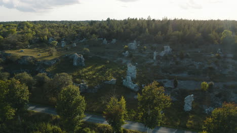 Aerial-shot-over-a-collection-of-rauk-stones-on-Gotland,-Sweden