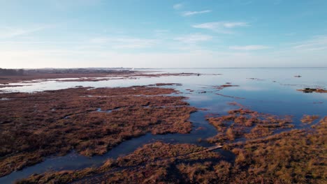 Beautiful-massive-lake-and-colorful-wetlands,-aerial-drone-shot